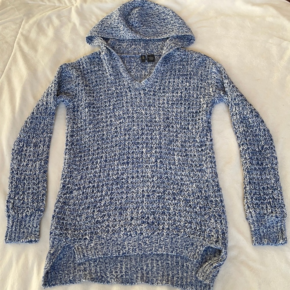 Ultra Flirt Blue and White Hooded Marked Knit Long Sleeve Sweater Size Large